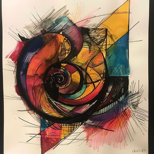 Expressionist tattoo sketch of a Fibonacci pattern with dynamic brush strokes and vivid colors