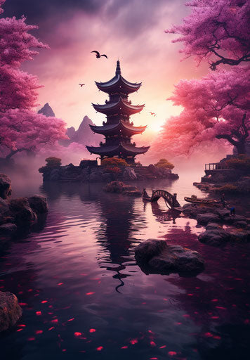 Chinese stone pagoda in a lake, cherry blossoms style, light magenta and dark bronze, vibrant stage backdrops, charming, calming, incredibly beautiful