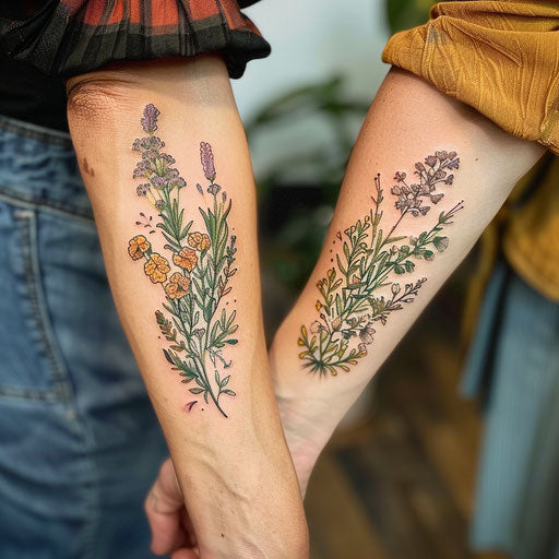 Mother son tattoos with botanical details, Merian style