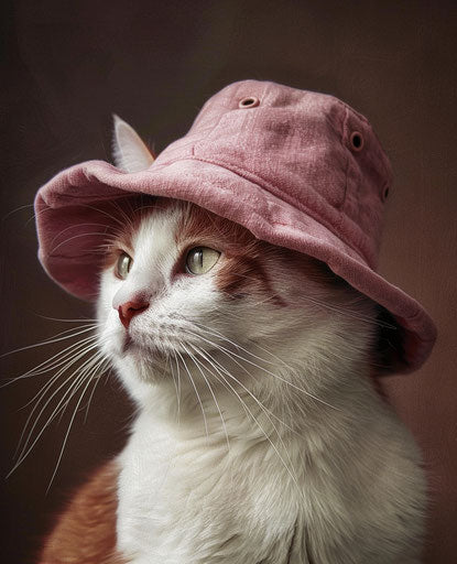 A cat with a pink hat, light white and light maroon style