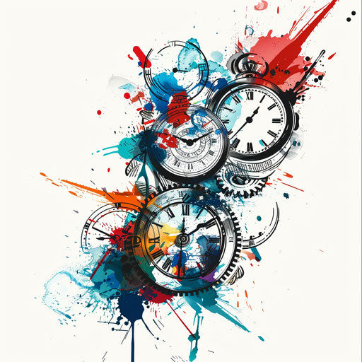 Time symbols in chaotic arrangement with splashes of color