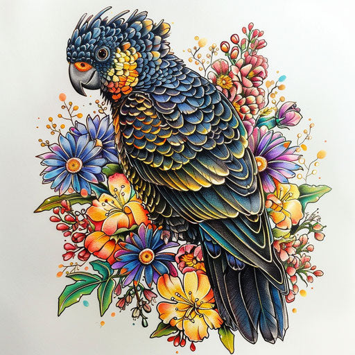 Whimsical tattoo sketch of a yellow-tailed black cockatoo