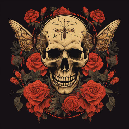 Skull with flower and thorns, dragonfly in vintage style