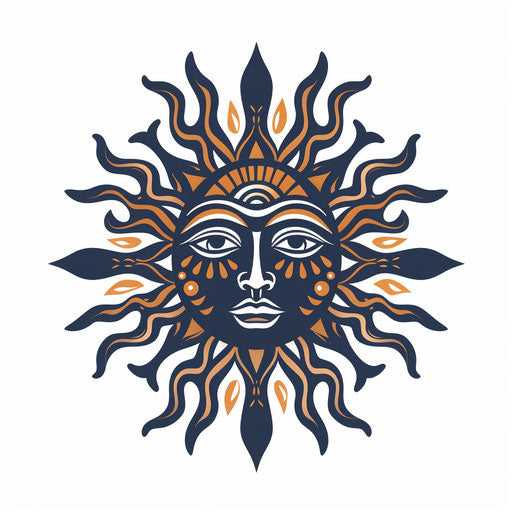 Sun tattoo symbol sun goddess on white background, moche art style