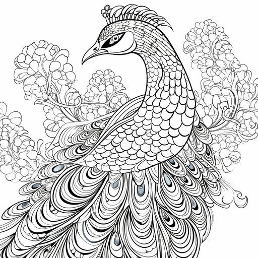 Attractive patterned peacock for coloring in flowing avian style