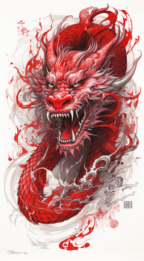 Red Chinese dragon drawing, precisionist lines, tattoo-inspired