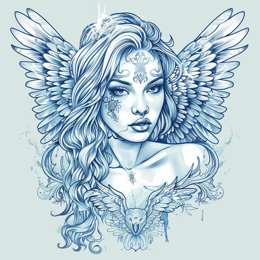 Whimsical flat tattoo sketch of a Russian mafia angel with quirky features, pastel blues and whites, clipart design