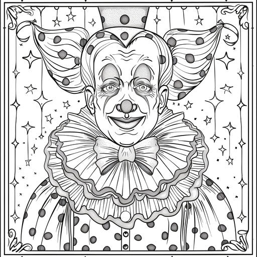 A whimsical clown in a polka-dot suit and a big bow tie. Coloring book page