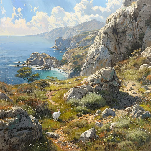 Steep cliffs overlooking the ocean, a white tail rabbit finding its path among the rocks and sparse vegetation.