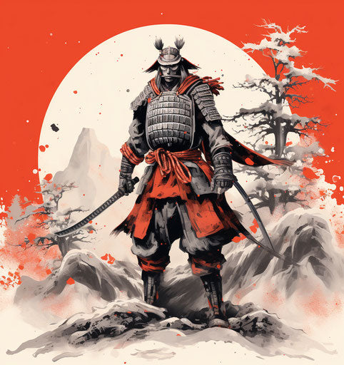 Japanese warrior on red background, realistic yet stylized