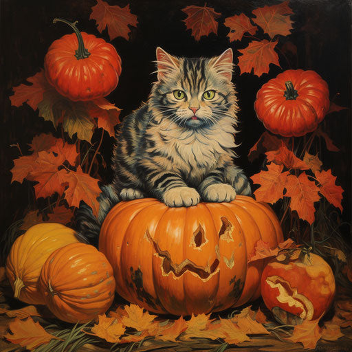 Cat resting with pumpkins