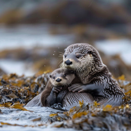 A mother otter teaching her pups to swim in a quiet cove