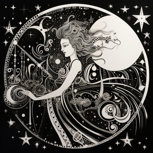 Black and white illustration of sagittarius and the moon