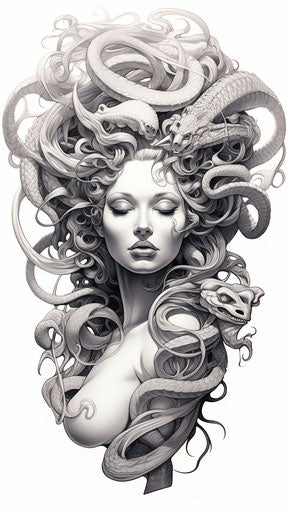 Memphis medusa drawing, my life, tattoo, medusa design, medusa image, in the style of cobra, close up, celestialpunk, monochromatic white figures