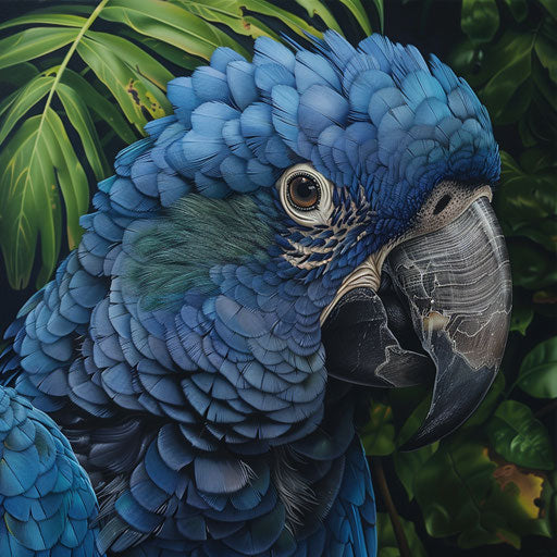 Detailed portrait of the Spix's macaw in dense foliage