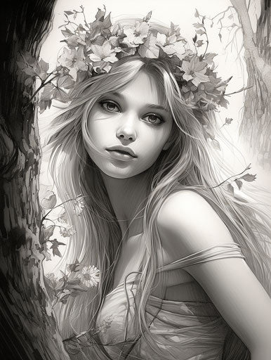 Woodland fairy with flowers coloring page, realistic and ethereal style