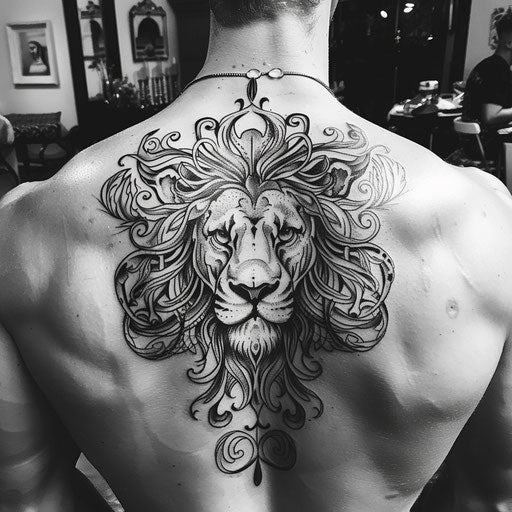 Lion tattoos for men with bold outlines, in the style of Ed Hardy