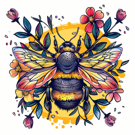 Vibrant tattoo sketch of a queen bee surrounded by small flowers and leaves in a lively clipart style