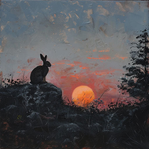 Rocky hillside overlooking the sunset, white tail rabbit silhouetted