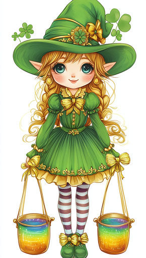Adorable girl in green with rainbow pots and golden hat