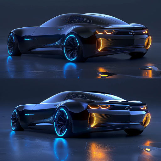 Futuristic Chevrolet Camaro Classic Car concept with sleek, aerodynamic lines and glowing LED accents