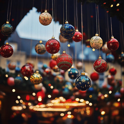 Christmas balls floating above a festive market