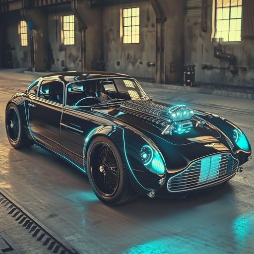 Retro-futuristic Aston Martin DB6 with electric propulsion and holographic displays in 2050