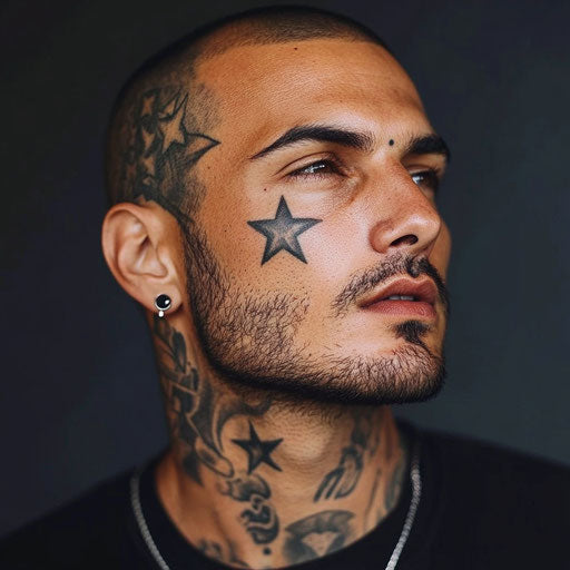 Facial tattoos for men with a minimalist star, in the style of Ami James