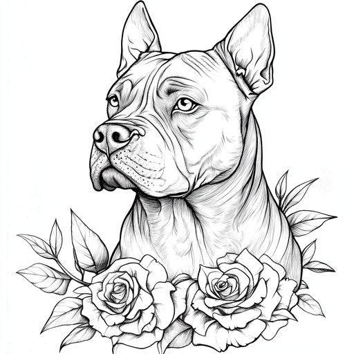 Stylish pitbull with clean lines in the style of Megan Hess, coloring book page