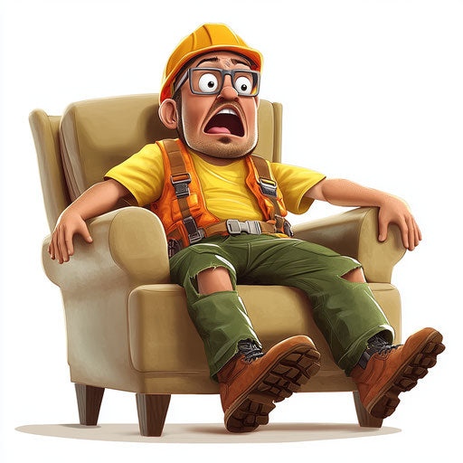 Humorous caricature of a construction worker with human characteristics, exaggerated wide mouth, toe feet, sitting on a couch, vibrant colors, cartoon style, surprised, high-resolution, no background, isolated