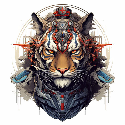 Samurai tiger on samurai armor, linear style, white background, skull motifs