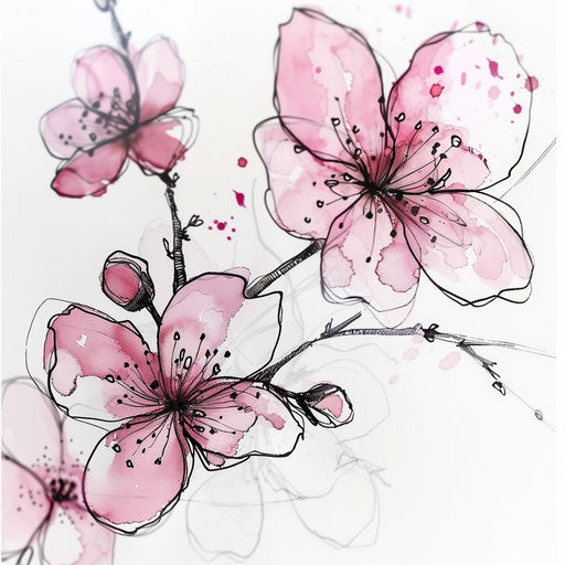 Elegant cherry blossoms in linework, subtle ink wash.