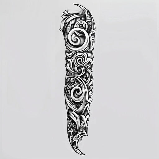 Dynamic flat tattoo sketch of a neo tribal sleeve with bold, swirling motifs