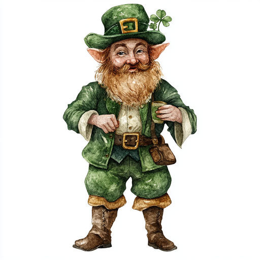 Watercolor leprechaun, white background clipart, single object on the page, highly detailed and realistic, high resolution