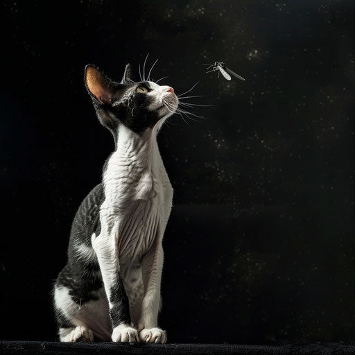 Cornish rex cat staring at an insect