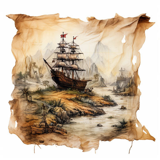 Treasure map clipart in Oil painting style on white background