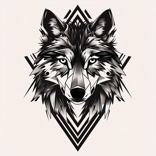 Dramatic flat tattoo sketch of a geometric wolf