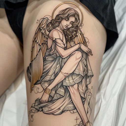 Neo-traditional tattoo of an angel with white and gold wings
