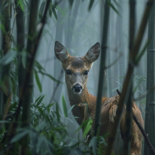 Curious Yezo sika deer in misty morning bamboo forest
