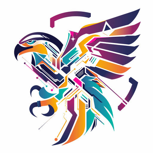 Innovative eagle logo with tech-inspired elements and bright colors, on a white background