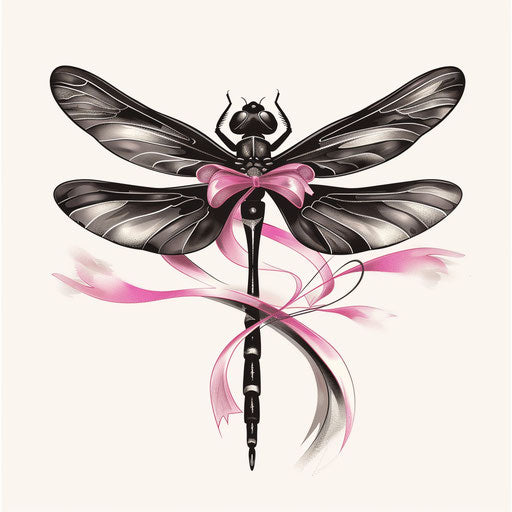 Dragonfly with pink ribbon wings as tattoo