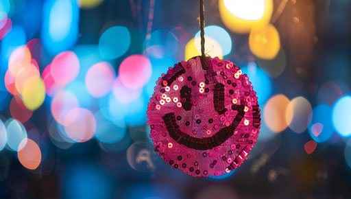 Pink sequin with smiley face hanging on a string