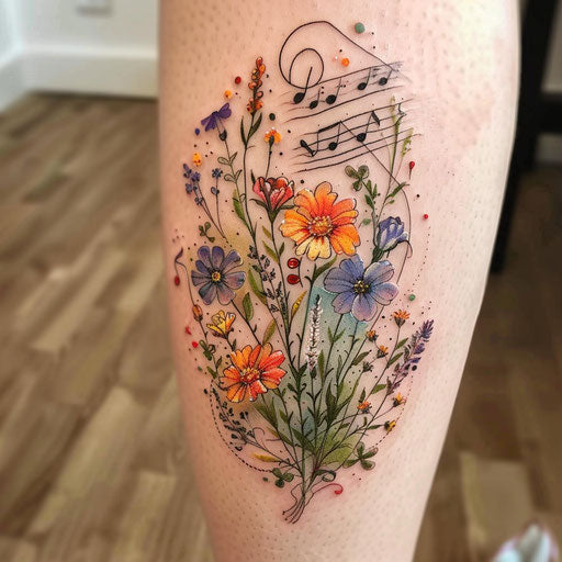 Wildflower tattoo with musical notes, vibrant colors, flowing design, harmonious