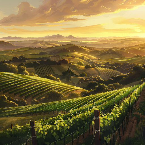 Lush vineyard on hills at golden hour