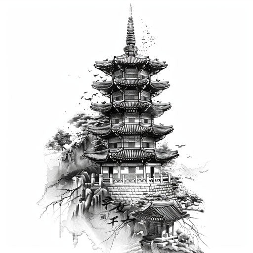 Blackwork tattoo with Korean architectural elements