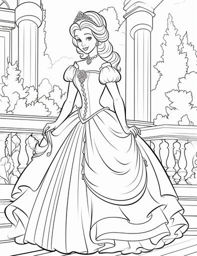 Princess in gown coloring page, graceful contours, vibrant