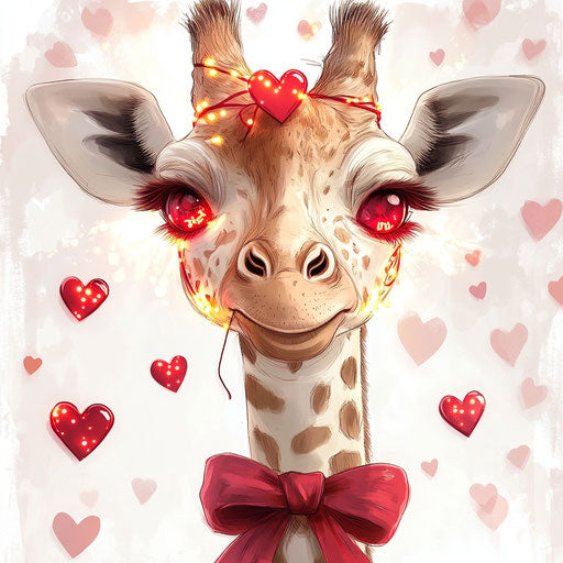 Valentine-themed giraffe with bow on neck, hearts background