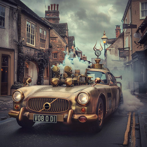 Steampunk reinterpretation of a 1966 Volvo P1800, brass details and steam pipes, in an old Victorian town.