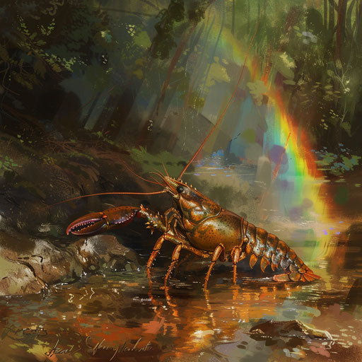 Crayfish under a rainbow in a stream