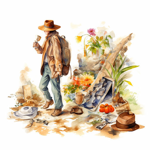 Scavenger hunt clipart in the style of Impressionistic Art, on a white background